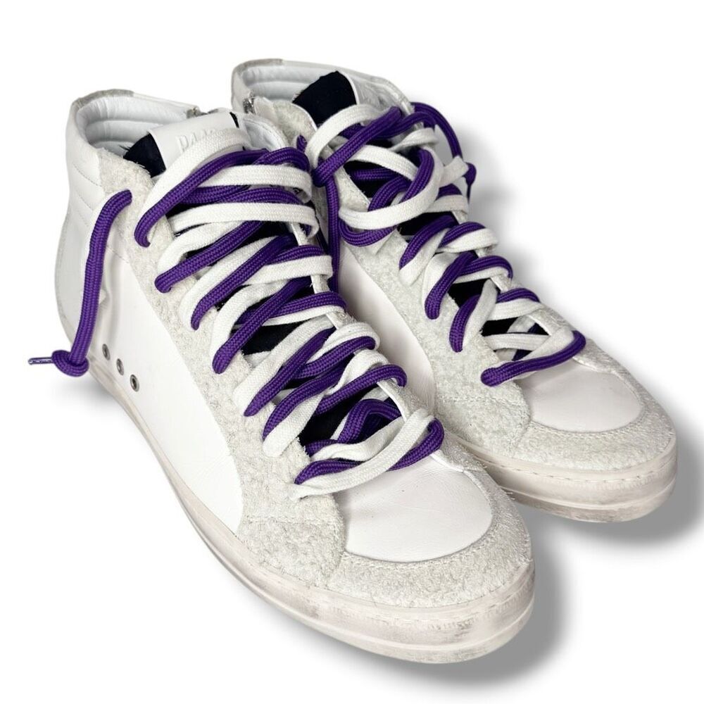 P448 John Skate Leather High Top Zip Sneakers White Black Purple Laces Size 42